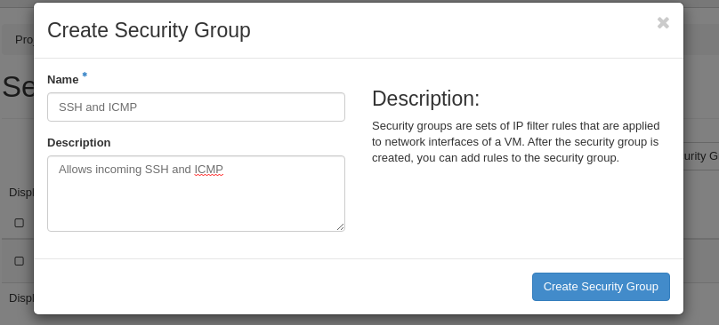 Dashboard - Create Security Group